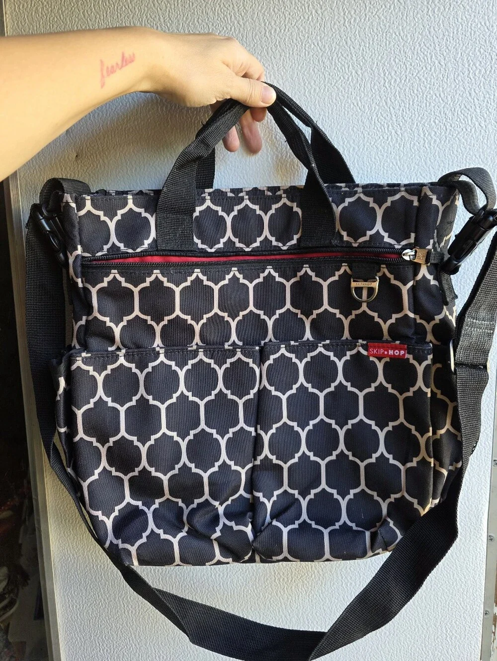 Skip Hop Black Geometric Polka Dot Gorpcore Travel Diaper Messenger Tote Bag